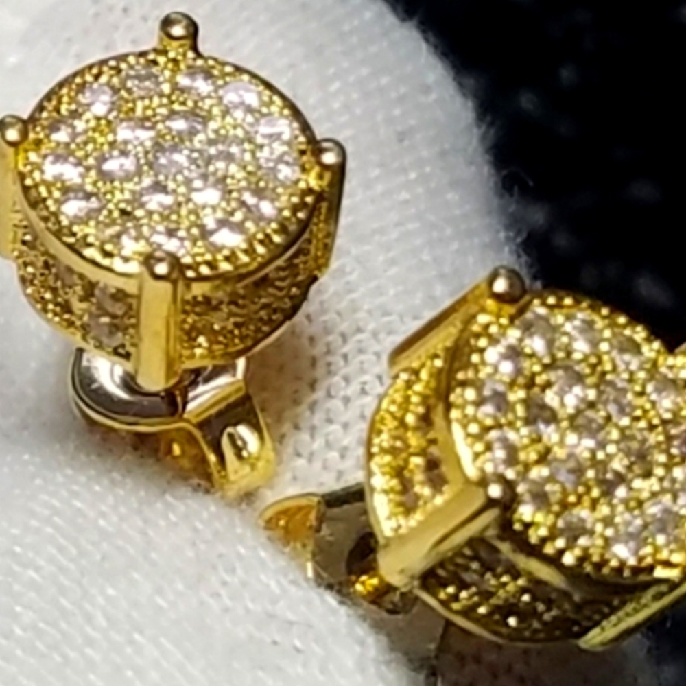14K Gold Round Pave Earrings